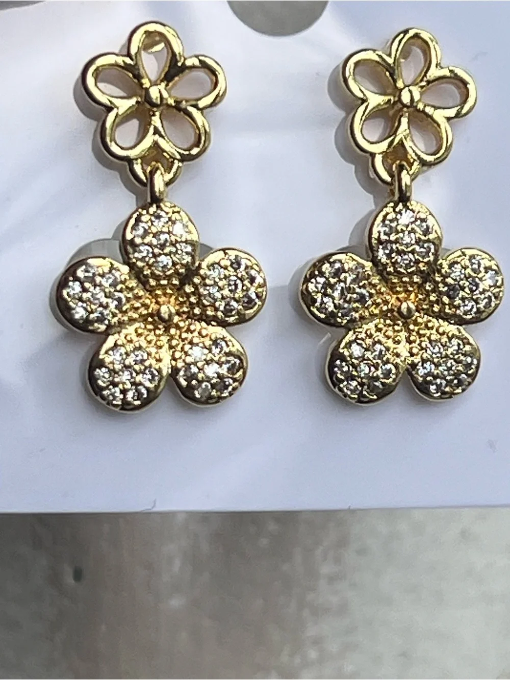 ⭐️- Gold double Flower Drop pavé stud Earrings